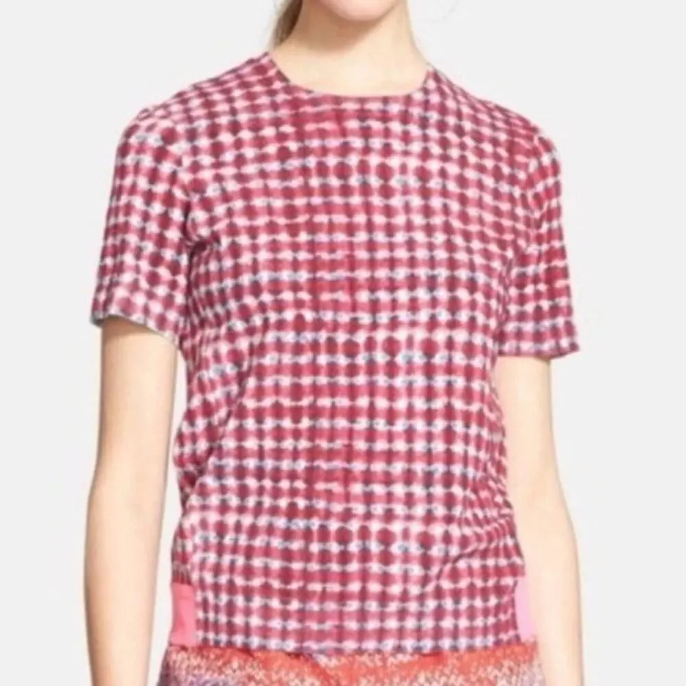 Tory Burch Sweater Crewneck Pink Plaid Tie Dye Short Sleeve
